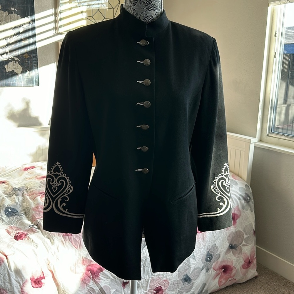 Karen Kane Vintage Wool Mock  Neck Fitted Blazer With Embroidery & Metal Buttons